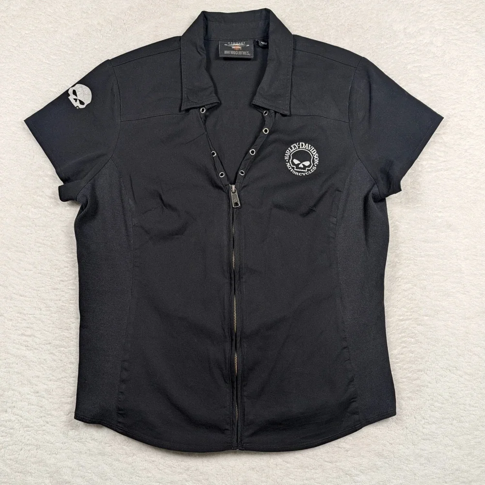 Harley Davidson Womens XL Black Full Zip Lace Up Back Skull Top Biker Spellout - Picture 2 of 9